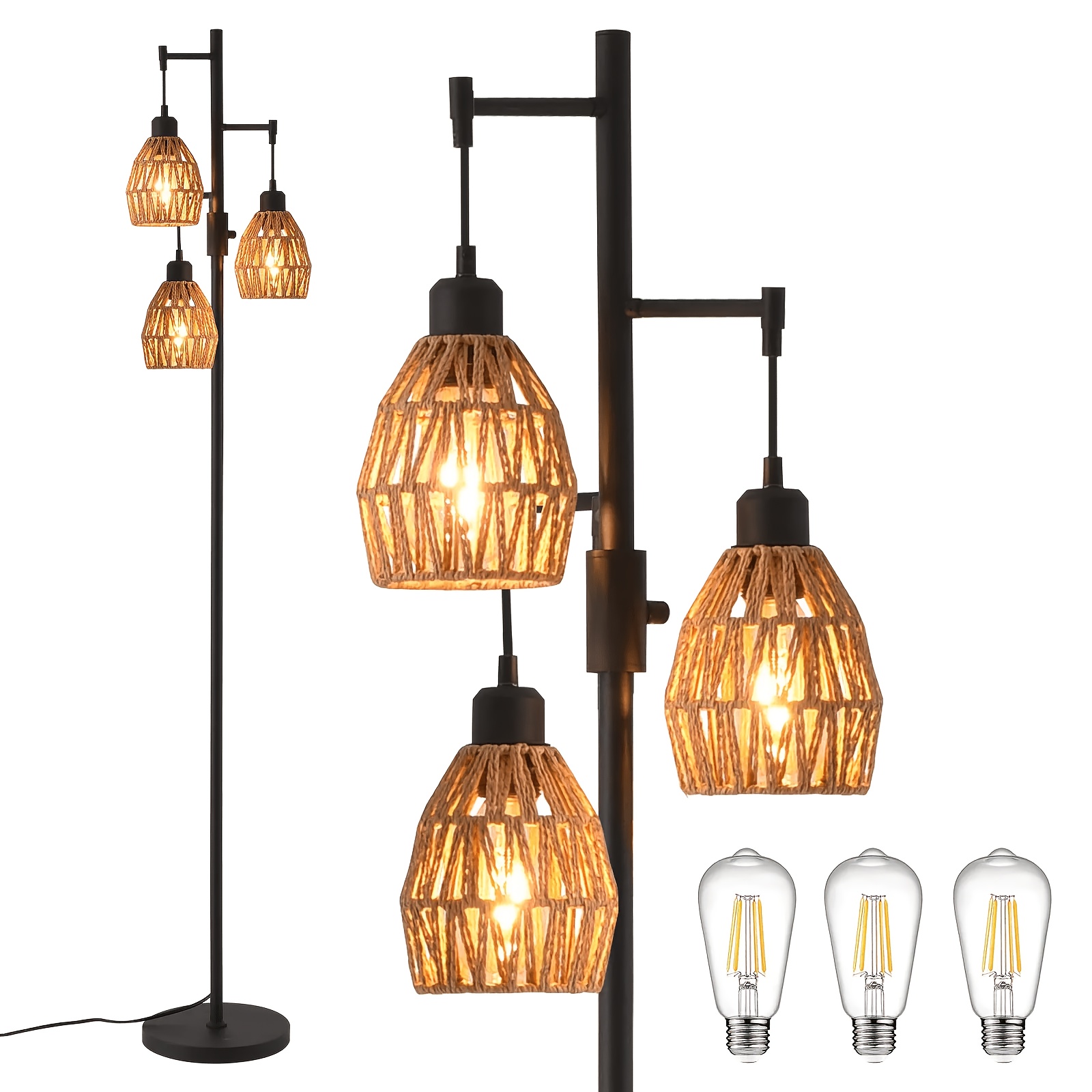 TEMU Boho Rattan Lamp, Dimmable Floor Lamp With 3-bulb Lamp, Modern Lighting For Living Room Bedroom Leisure Area And Rest Room Adjustable Arm