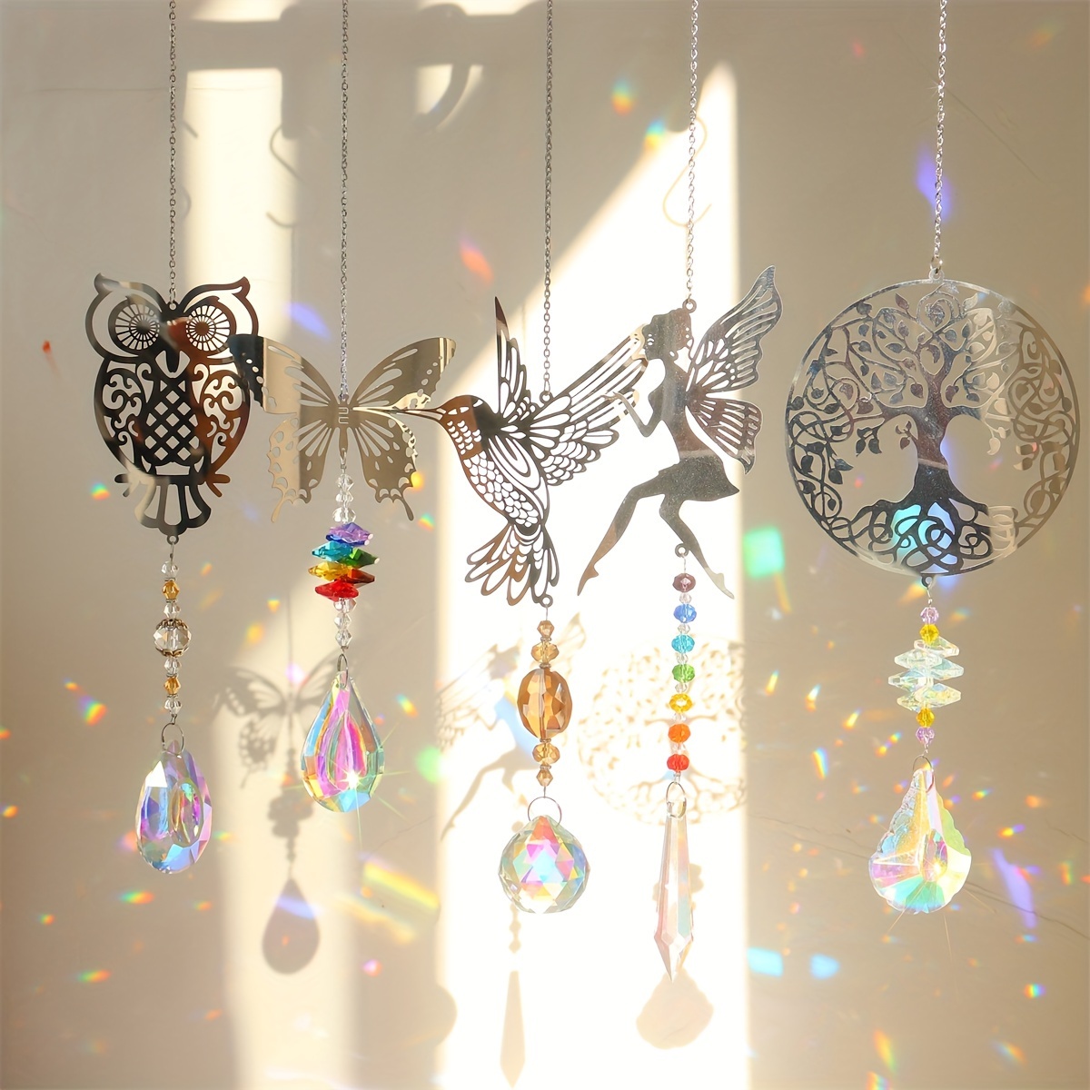 

5-piece Crystal Sun Catcher Set With Prism - Owl, Hummingbird & Butterfly Designs For Window Decor - Diy Rainbow Maker Kit, Perfect Gift Idea