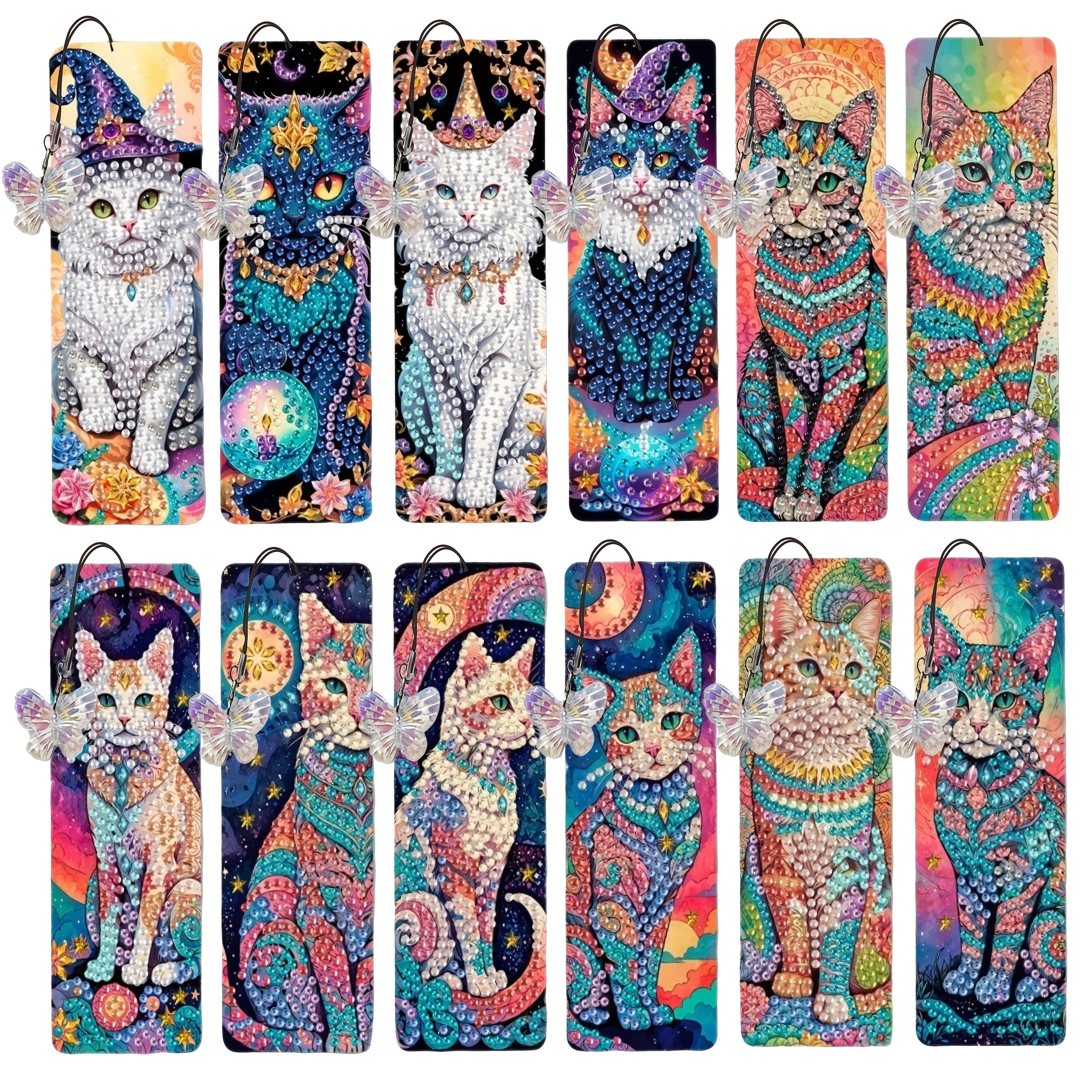 TEMU 12pcs 12pcs Diy Diamond Bookmark With Pendants & Irregular-shaped Diamonds Suitable For Reading, Cat-themed Bookmarks For Books, Journals,