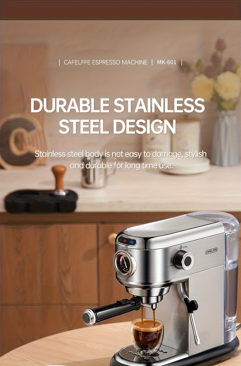 1 Unit CAFELFFEMK-601 Espresso Machine with Milk Frother, 20bar Extraction, Visible Pressure Gauge, Stainless Steel Body, Removable Drip Tray, 1.1L Water Capacity, Coffee Shop Gift Suitable for Lovers/father/mother, Office Equipment