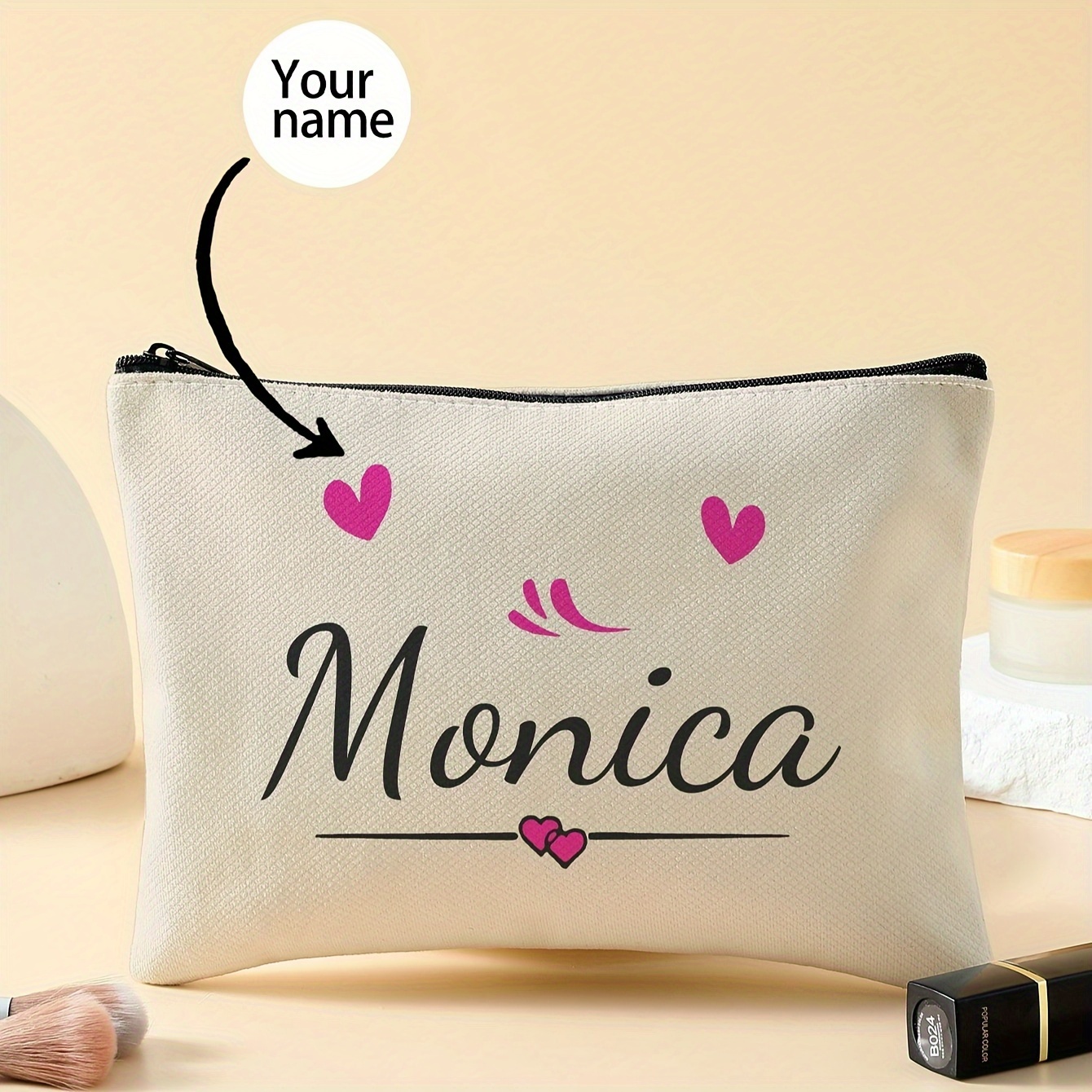 

1pc Personalized Polyester Makeup Bag For Women - Custom Name Cosmetic Pouch With Zipper Closure, Unscented, Accessory And Beauty Organizer