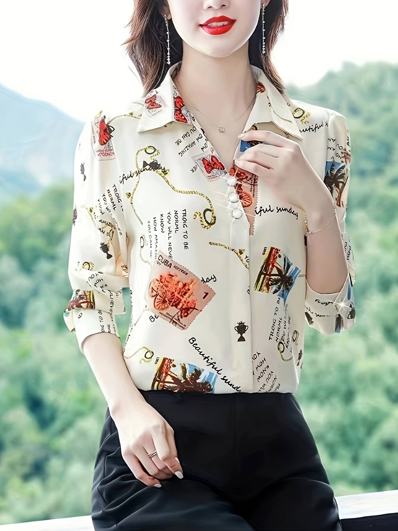 Amazon Camisa Con Estampado De Cadena Camiseta Botones Estampado