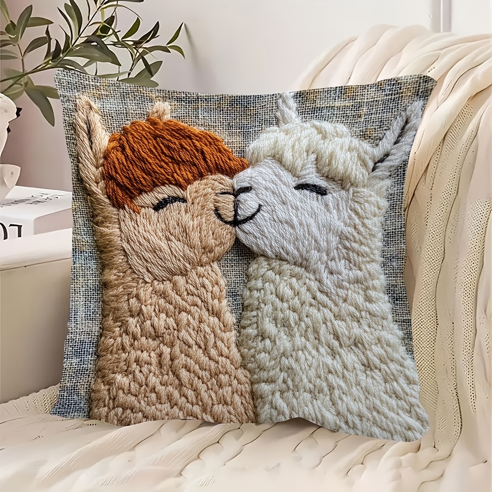 

1pc, Contemporary Alpaca Kiss Embroidery Pillowcase, 18x18inch, Double-sided Print, Short Plush, Machine Washable, Zipper Closure, Polyester, Woven, For Living Room Sofa Bedroom Decor, No Insert