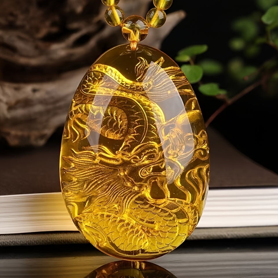 E-shop Goldener Bernstein-Drachen-Anhänger Halskette - Bohemian-Stil Natürlicher Bernstein mit Intrikatem Drachendesign, Unbeschichteter Anhänger für
