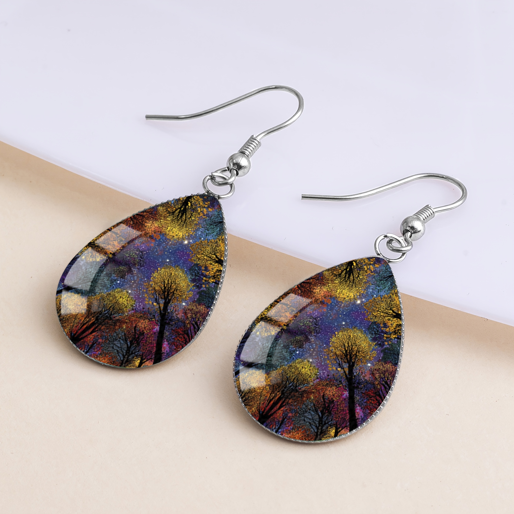 Autumn Night Starry Sky Forest Teardrop Earrings