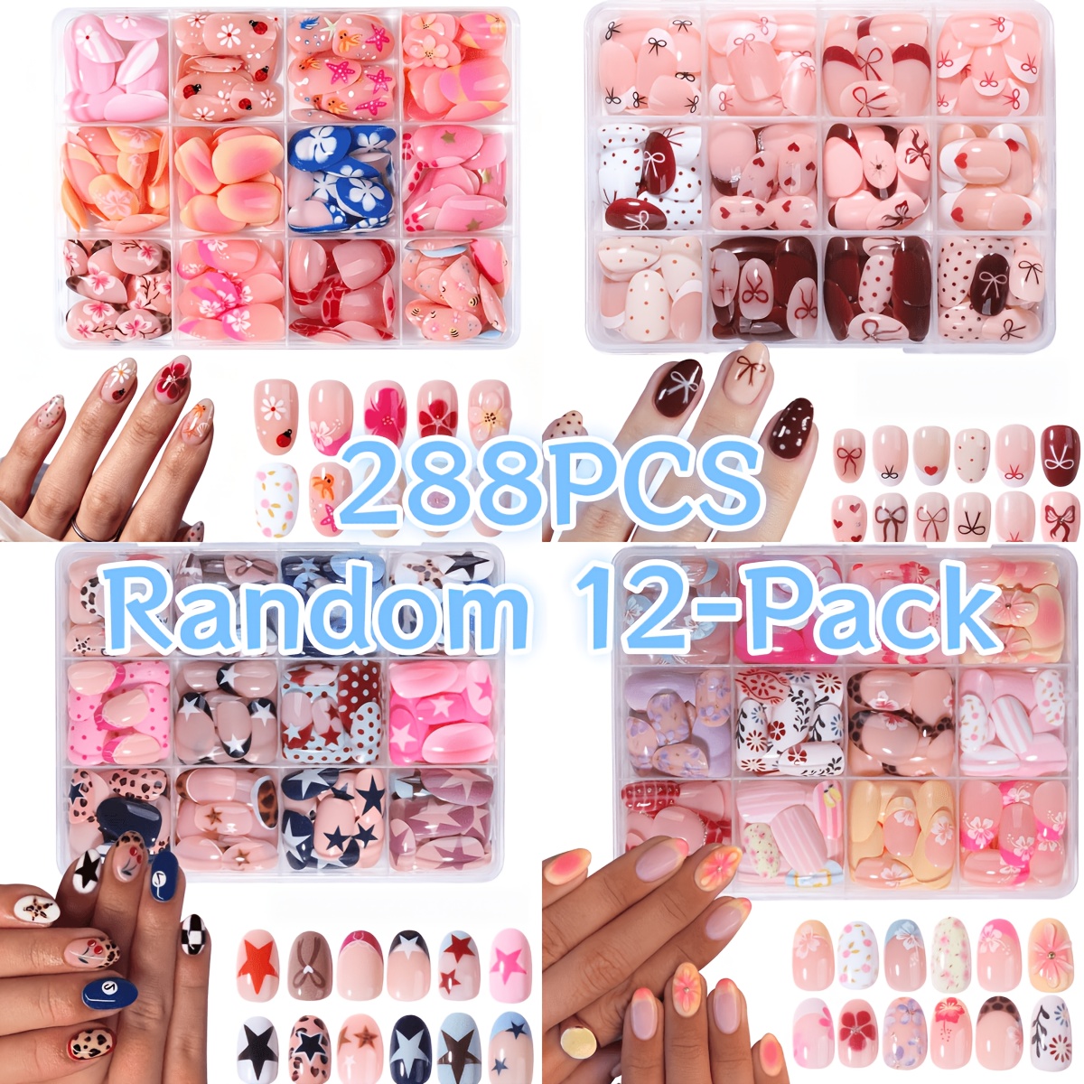 TEMU 288 Stück Zufällige 1 Dose (12 Styles), Vollständig Bedeckt mit Kurzen Mandel-Press-On-Nagel-Set, Klassische Sternschleife, Polka Dot Blume und