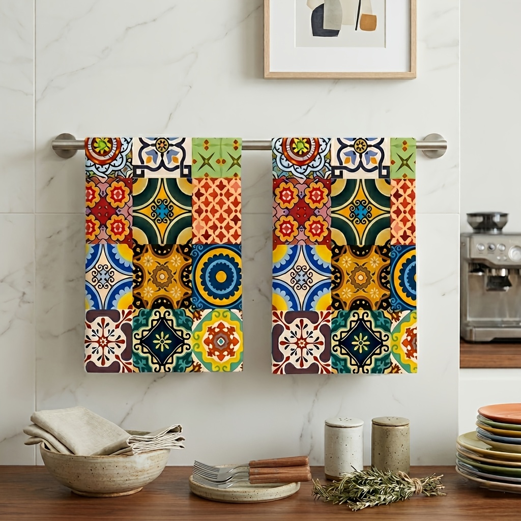 TEMU 2pcs Vintage Mosaic Bohemian Tile Microfiber Kitchen Towels, Absorbent Dish Towels For Drying Dishes, Tea Towels, Soft Dishcloths, Perfect