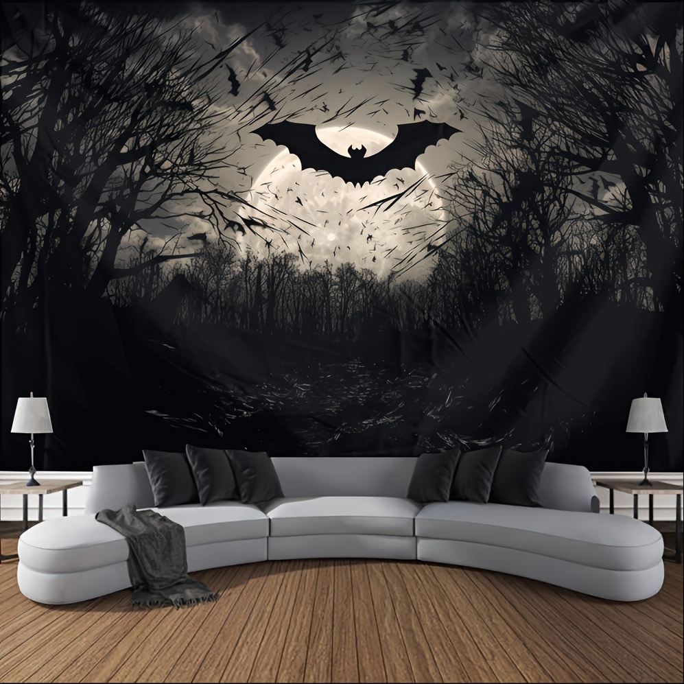 TEMU Halloween Bats Forest Tapestry - Polyester Peach Light Beige Velvet Horror Theme Wall Hanging, Spooky Animal Print Backdrop With & Flying Bats,