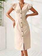 solid button front dress elegant layered sleeve v neck dress for spring summer womens clothing
