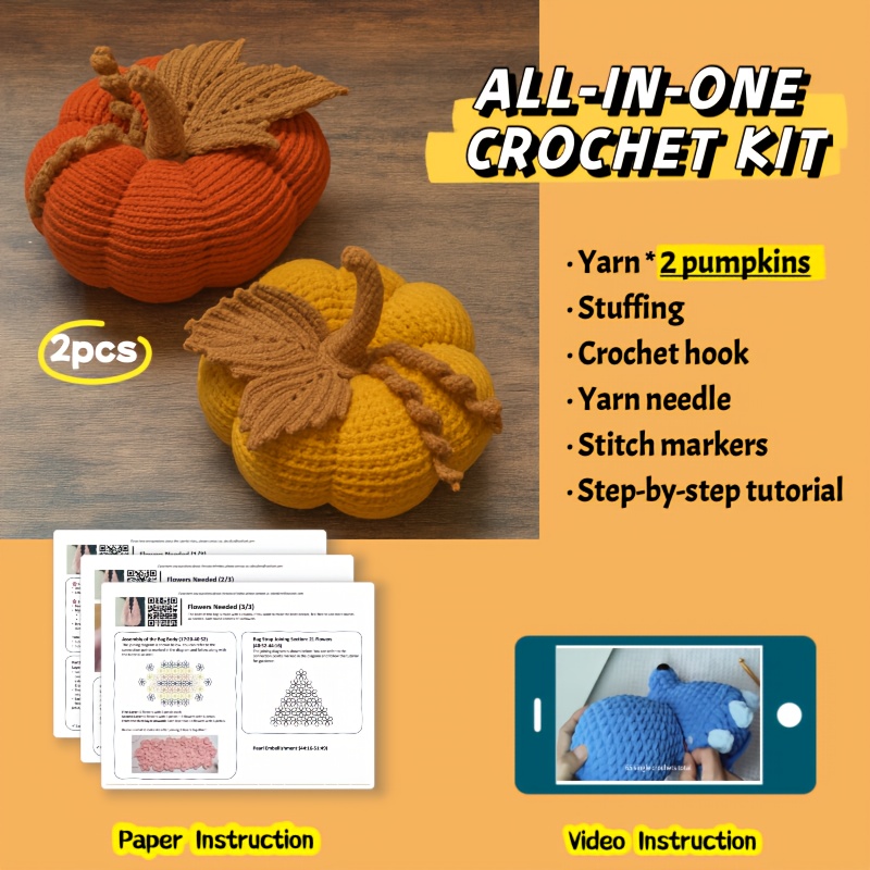 TEMU Big Pumpkin Set Crochet Diy Kit, Pumpkins Colors, Autumn & Halloween Crochet, Beginner-friendly Crochet Kit, Complete -one Material Pack With