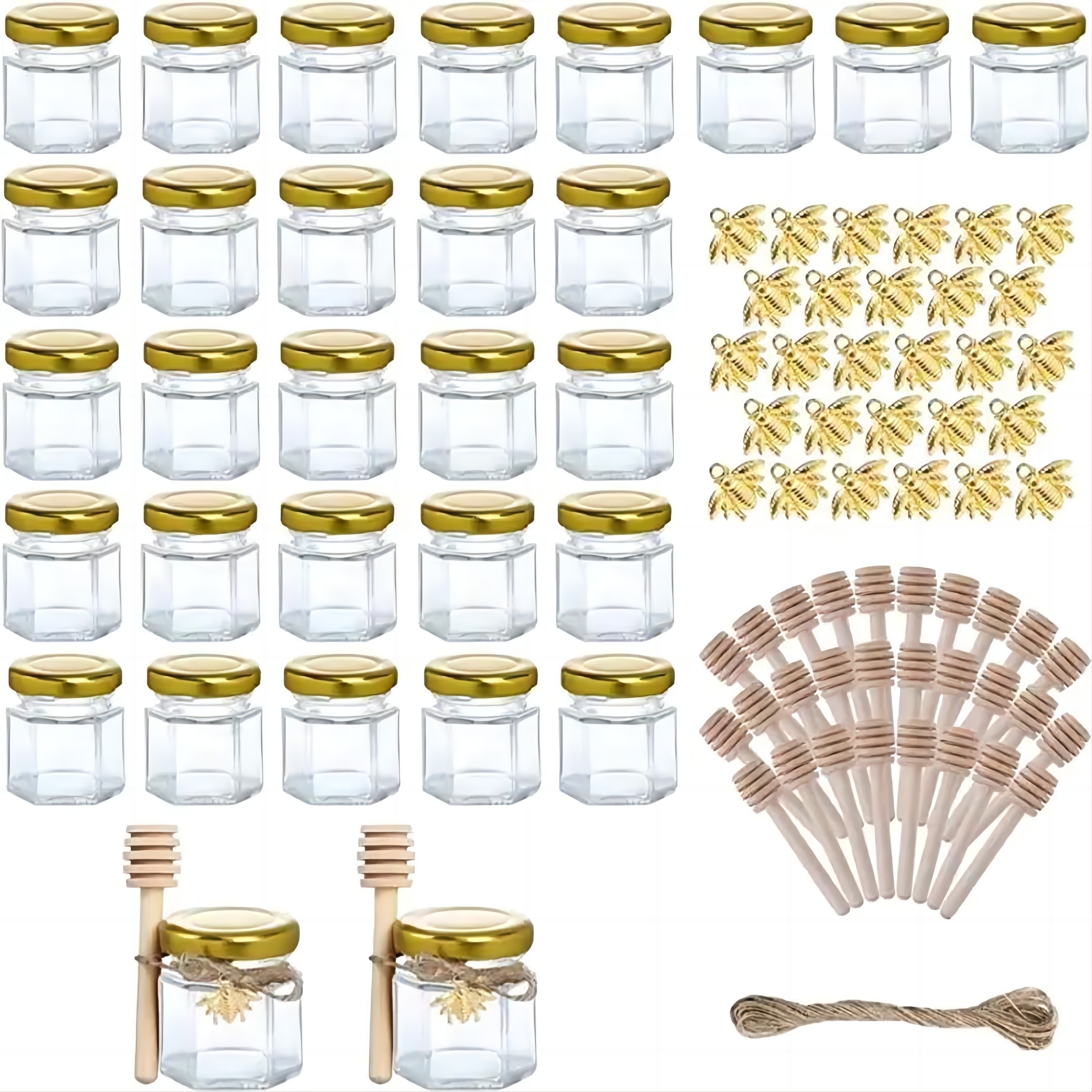 

30/50pcs Mini Hexagon Glass Jars With Wood Dipper And Bee, 1.5oz/ 45ml Small Honey Jams Jars Bottles With Golden Lids, Kitchen Storage Items, Honey Accessories