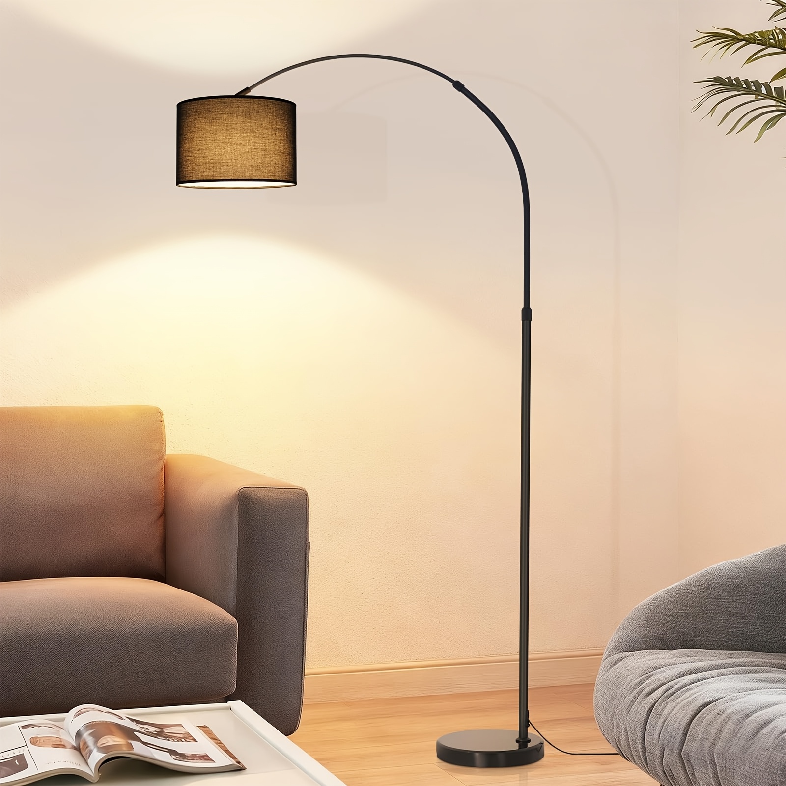 Arc Floor Lamp - Fabric Lampshade Diameter 30cm, Floor Lamp Height 181cm, Marble Base Diameter 26cm, E27 Socket, Wrought , Suitable For Sofas, Offices, And , Black, Bulb Not Included