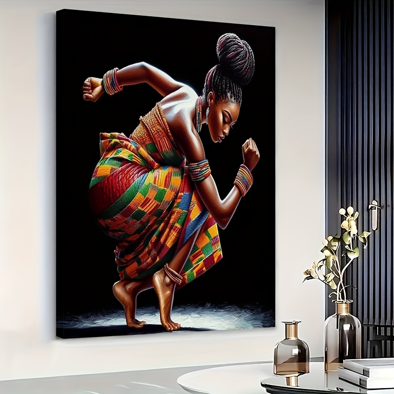 TEMU 2d Flat, 1pc Large African Dance Wall Art - Painting With Solid Wood Frame, Vibrant Red/yellow/green/blue//black/brown Colors - Wrapped Canvas