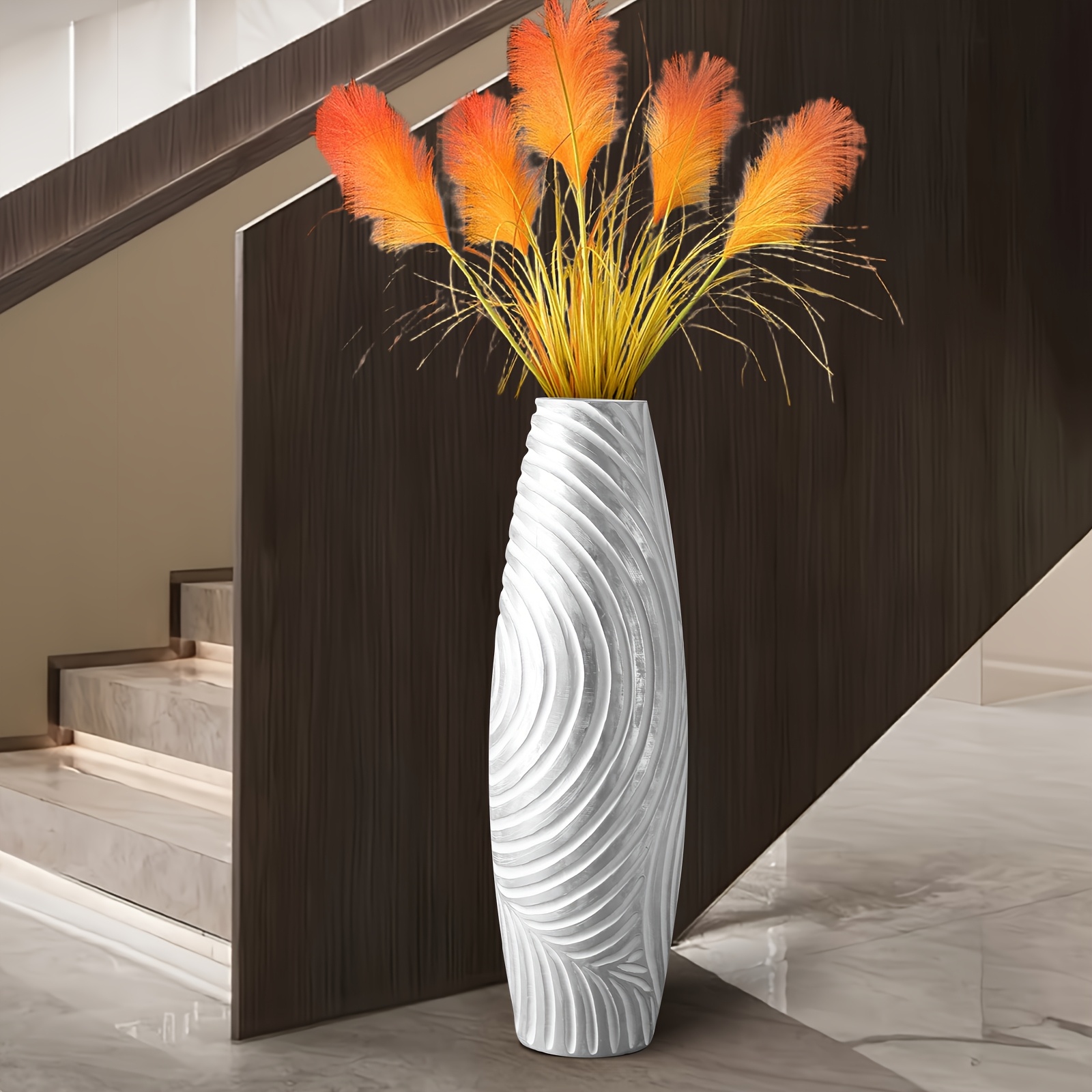 Grand Vase Sol 70 Cm Argent Texturé – Résine, Luxe, Déco Intérieur Salon Chambre
