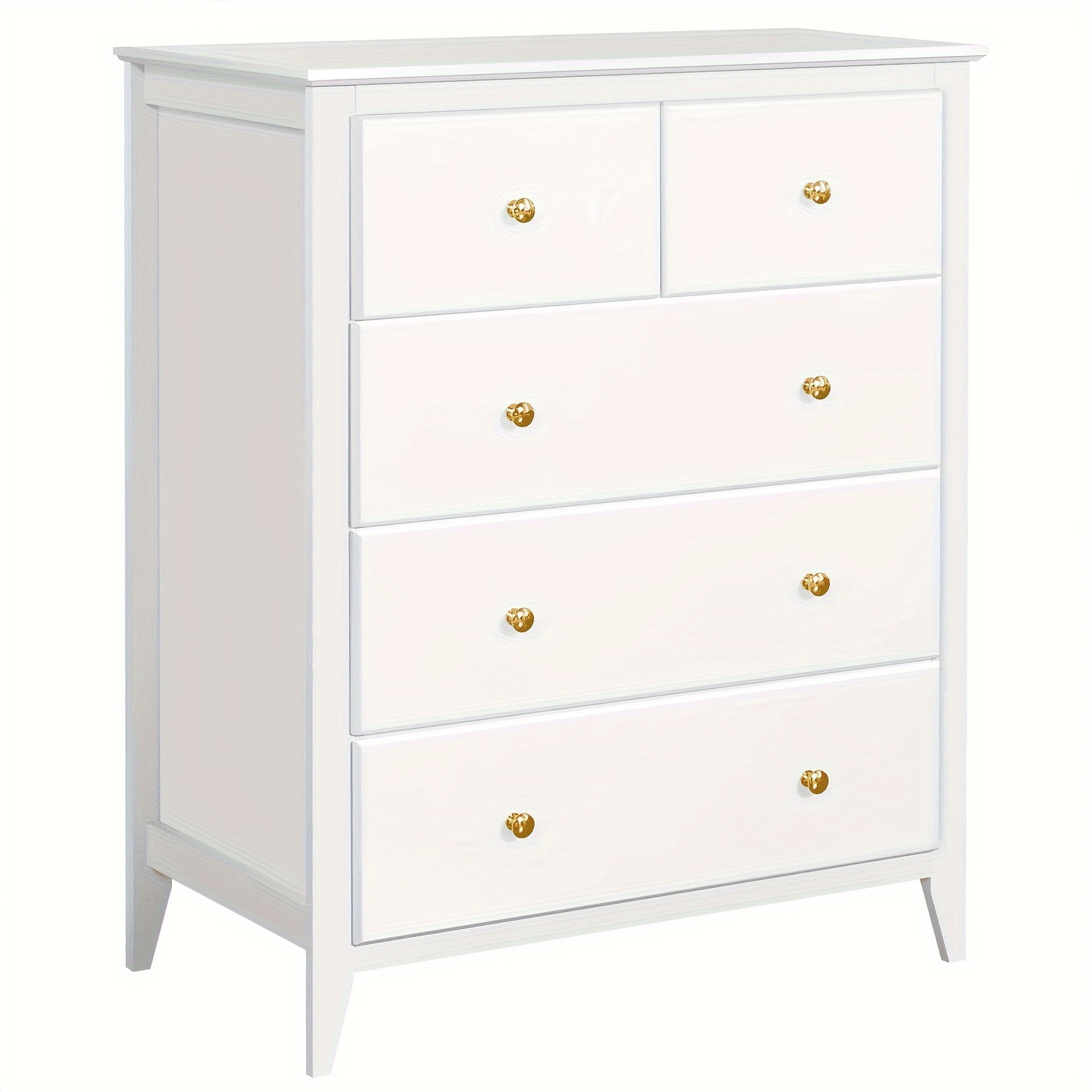 

5 Drawer White Double Dresser For Bedroom, Modern Chest Of Drawers For Storage Cabinet, Tv Stand With Easy Pull Out Gold Metal Handles For Living Room, Organizer For Nightstand