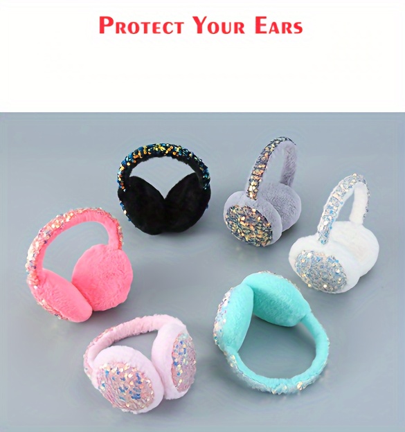 Sequin Decorated Warm Earmuffs, Cute Plush Cartoon Ear Covers For Winter, Plush Ear Cover details 0