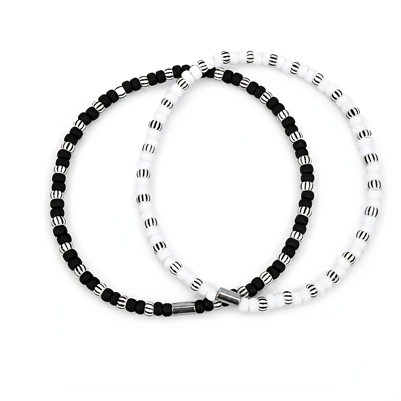 TEMU Set di braccialetti con perline a righe bianche e nere 2/1 pz, braccialetti minimalisti impilabili con perline per , di e , gioielli da polso