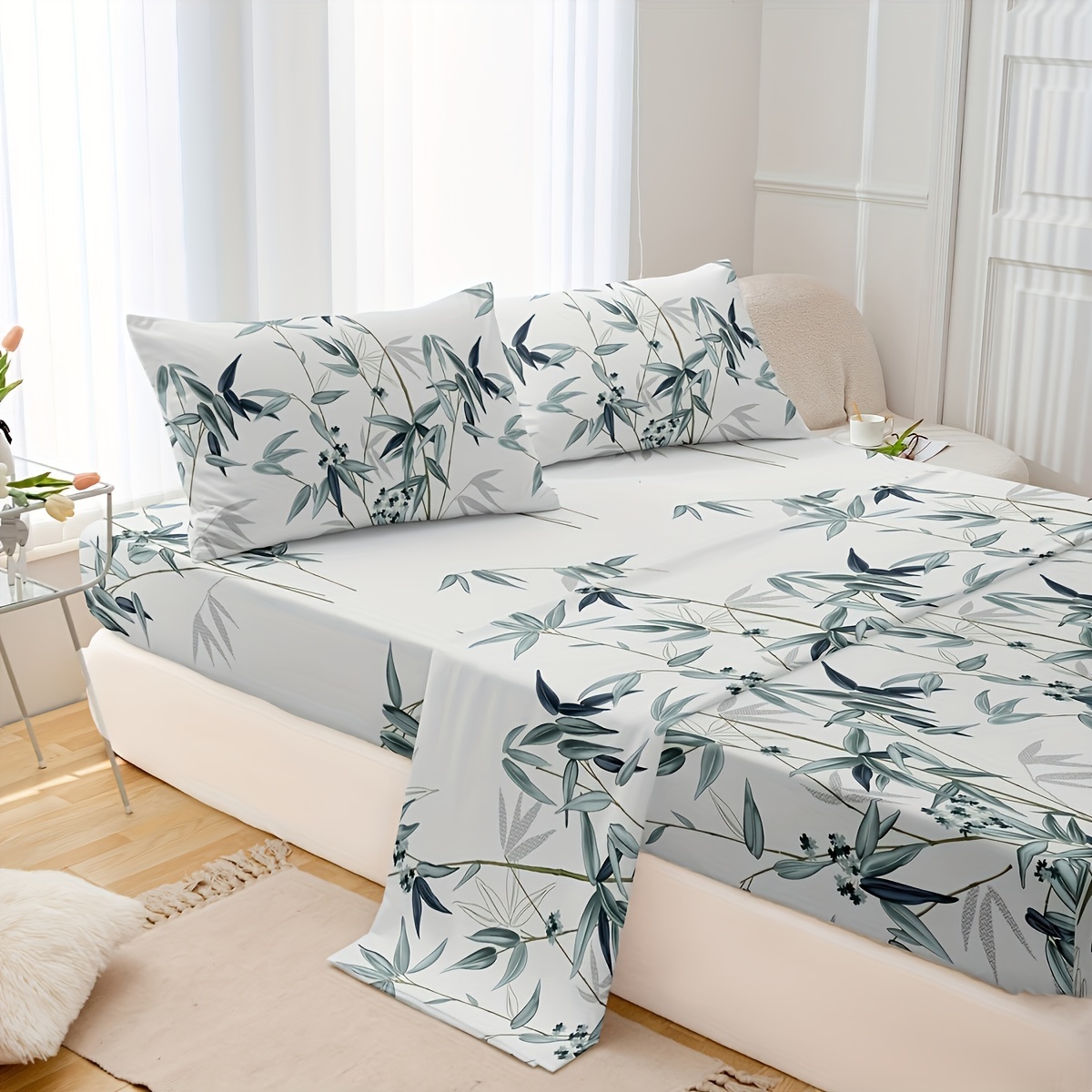 

4pcs Elegant Bamboo Leaf Print Fitted Sheet Set, Soft Comfortable Breathable Bedding Set, For Bedroom, Guest Room (1*flat Sheet + 1* Fitted Sheet + 2*pillowcases, Without Core)