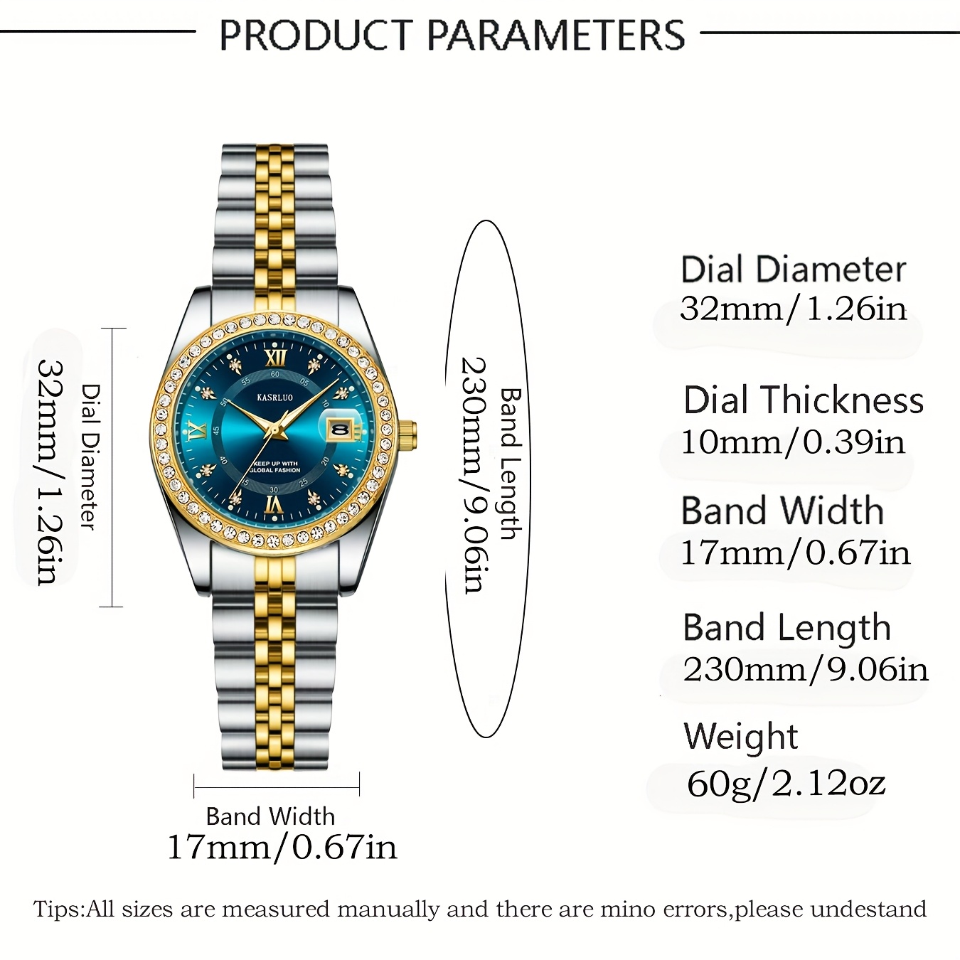 KASRLUO Women's Stainless Steel Quartz Watch with Luminous Rhinestone Date Display, Blue Dial & Golden-Tone Band - Elegant Business Style, Casual Elegance | Elegant Timepiece | Luminous Dial