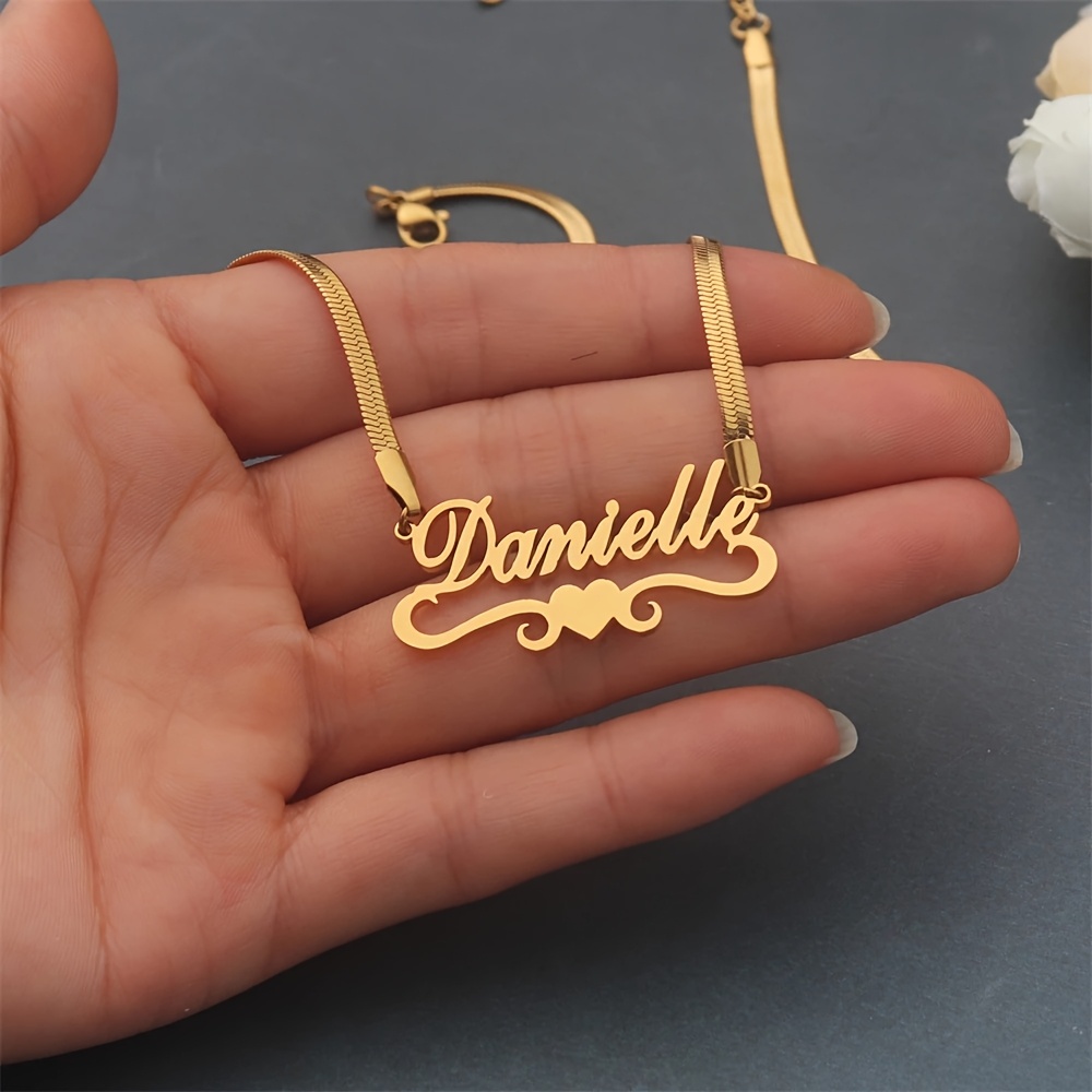 TEMU Custom Herringbone Chain Name Necklace, Personalized Fashion Snake Chain Necklace, Stainless Steel Cute Elegant Heart Tag Pendant Necklace,