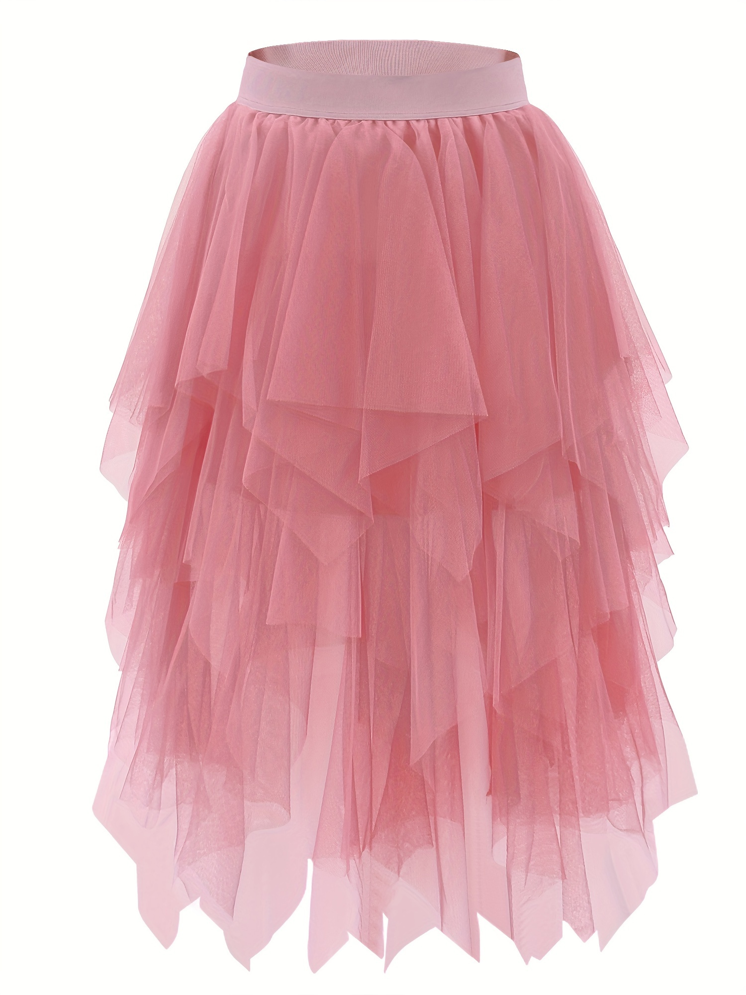 Women'S Elegant Layered Tulle Skirt with Asymmetrical Hem Elastic Waist  Solid /Pink/Red/ Formal Casual Party, Wedding, Everyday Outfit