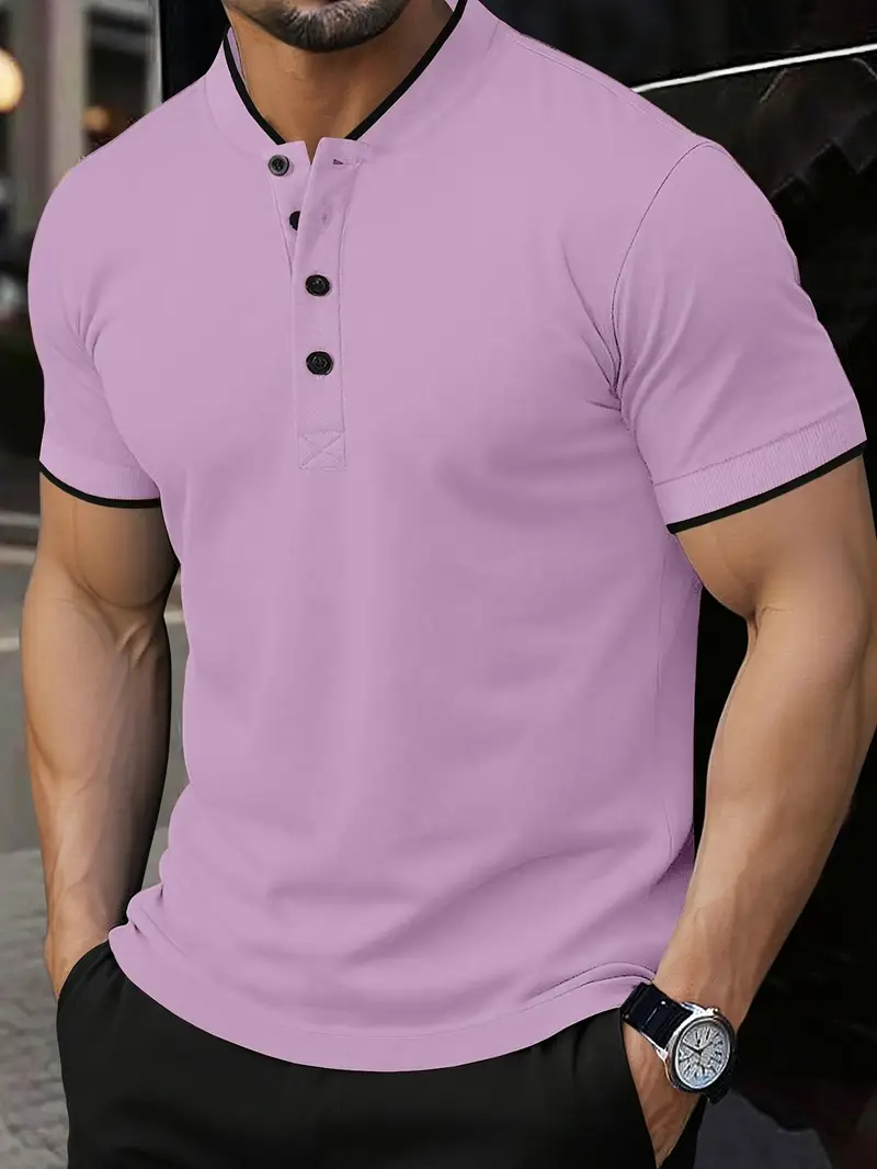 men's casual henley shirt short sleeve button solid green Temu