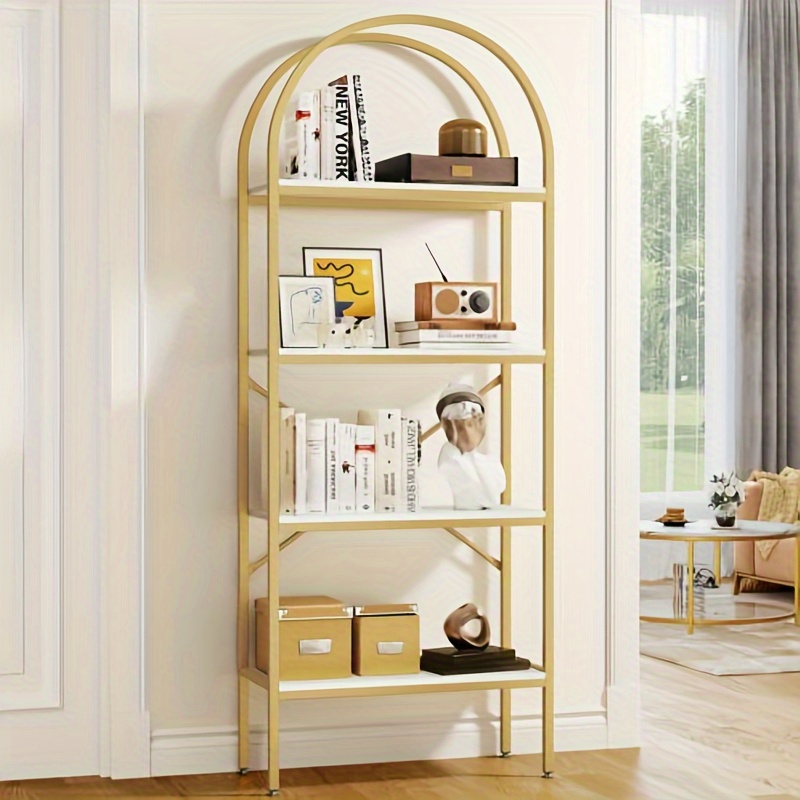 

Homiflex Gold Bookshelf And Bookcase, 71. 3" Tall Modern Open Arched Book Shelf, 4- Tier Freestanding Storage Display Rack Shelves For Bedroom, Living Room, Office, Kitchen, White&gold
