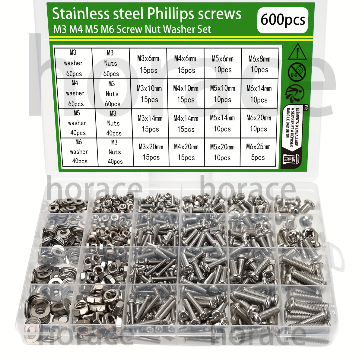 TEMU 600pcs Stainless Steel Cross Pan Head Screws, Cross Screws, Nut Combination Set Cross Round Head Bolts, Cross Machine Screws, Tool Screw And Nut