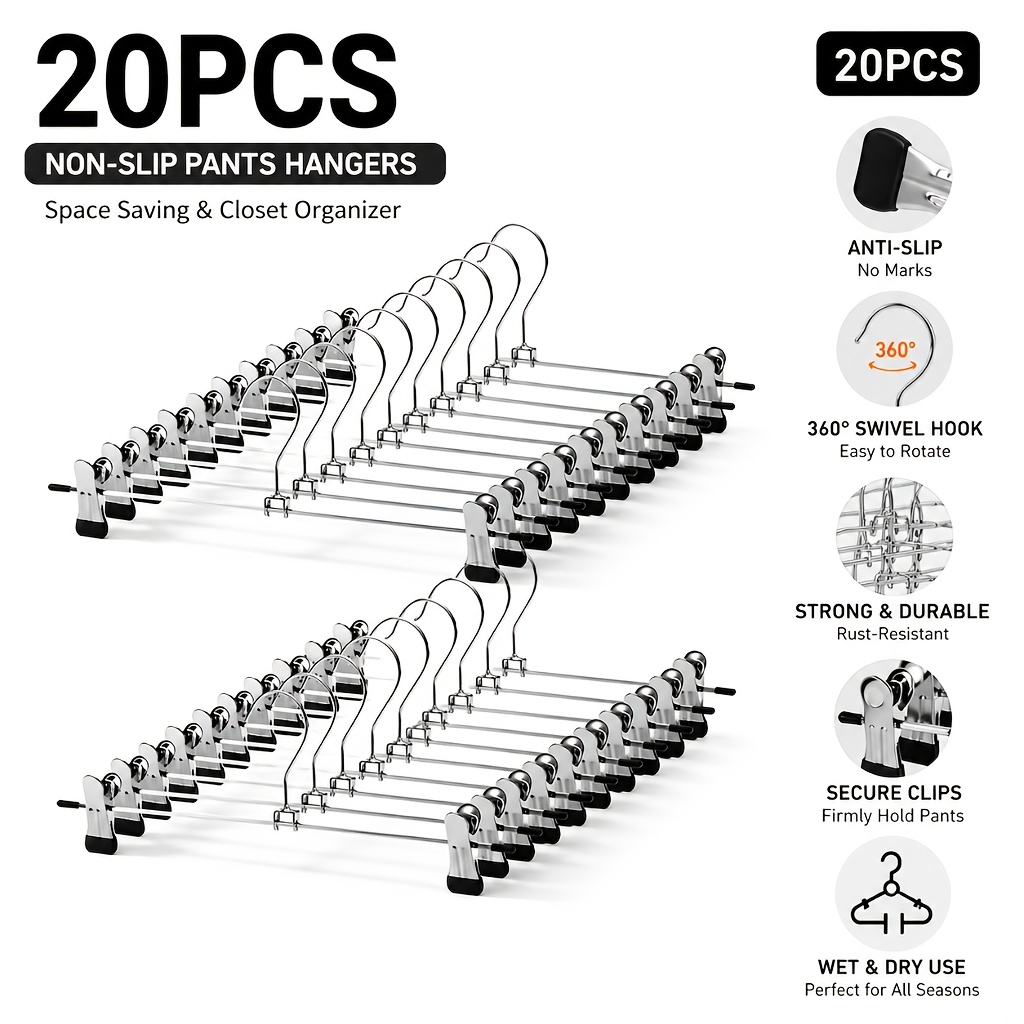TEMU 20pcs/40pcs Stainless Steel Clothes Hangers With Clips, Includes Clips For Underwear, Vertical Hanging Design To Save Closet Space