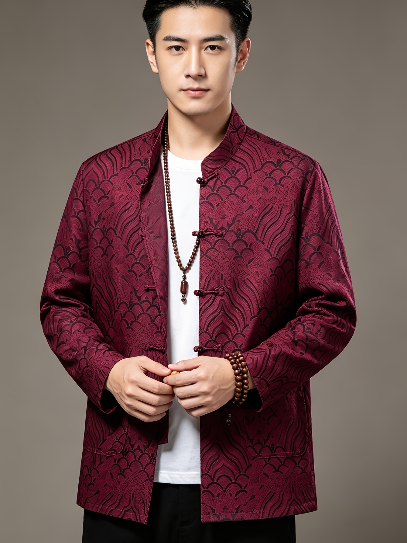 asian style new  nese mens   to senior aged water ripple jacquard   tang suit stand up collar with   buttons business casual  nese style shirt single layer outerwear tai   practice   ceremony attire zen inspired