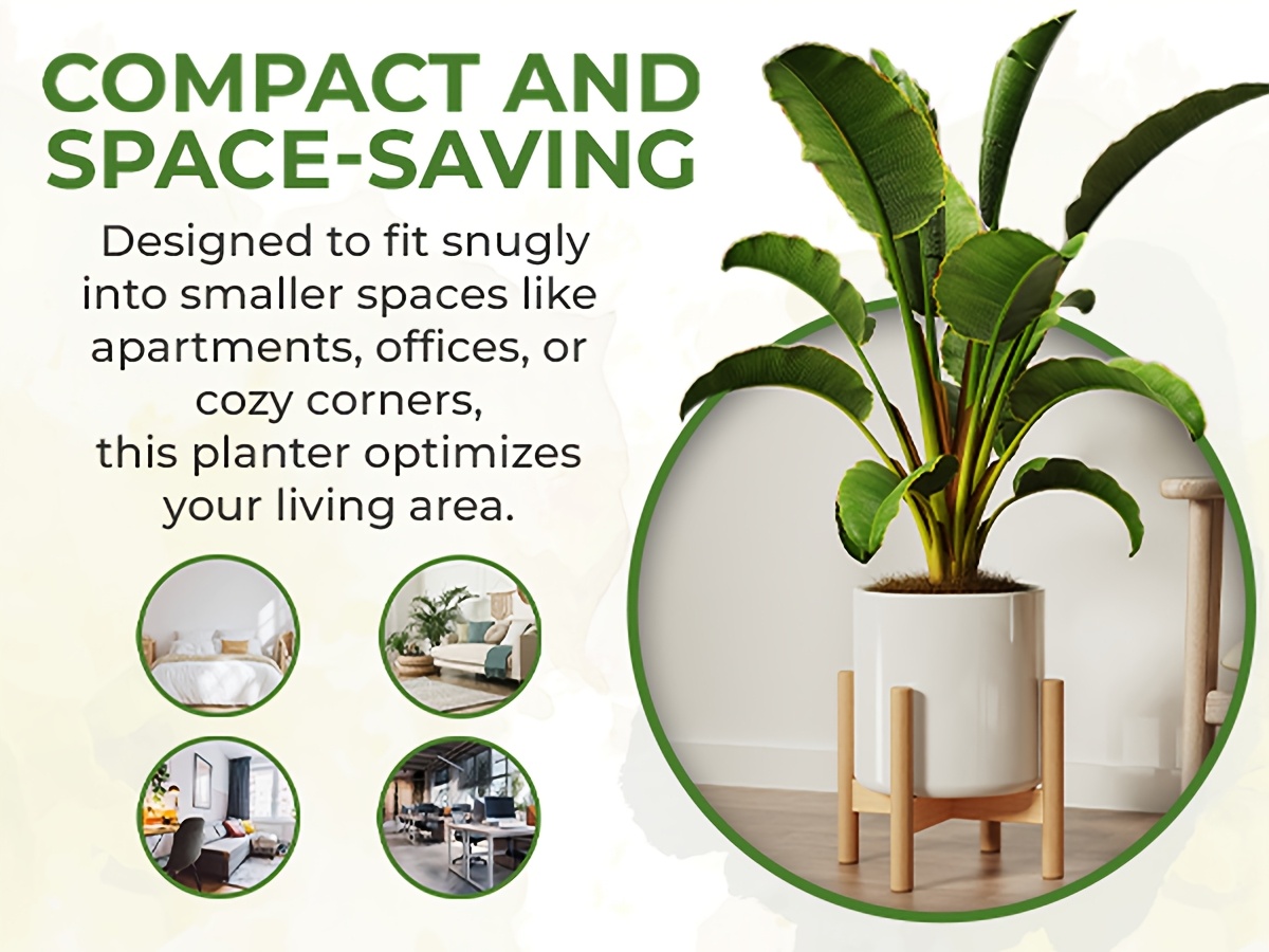 8-Inch Ceramic Planter with Wooden Stand - Mid-Century Modern Minimalist Design, Drainage Feature, and Luxury Indoor Home Decor for Potted Plants, Indoor Plant Holder, Decorative Plant Stand, Durable Construction