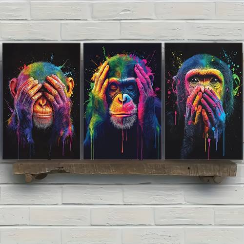 2d flat 2d flat 3pcs set canvas prints collection unframed artwork for stylingvibrant colorful wall art three see speak wildlife portrait art poster bar decor living room 2d flat