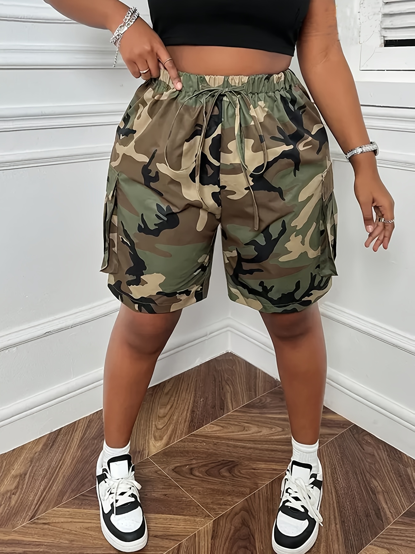 womens plus size camo print bermuda shorts waist drawstring Temu