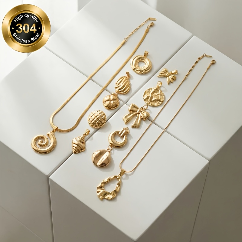 14pc Golden Glossy Geometric Pendant Necklace Set