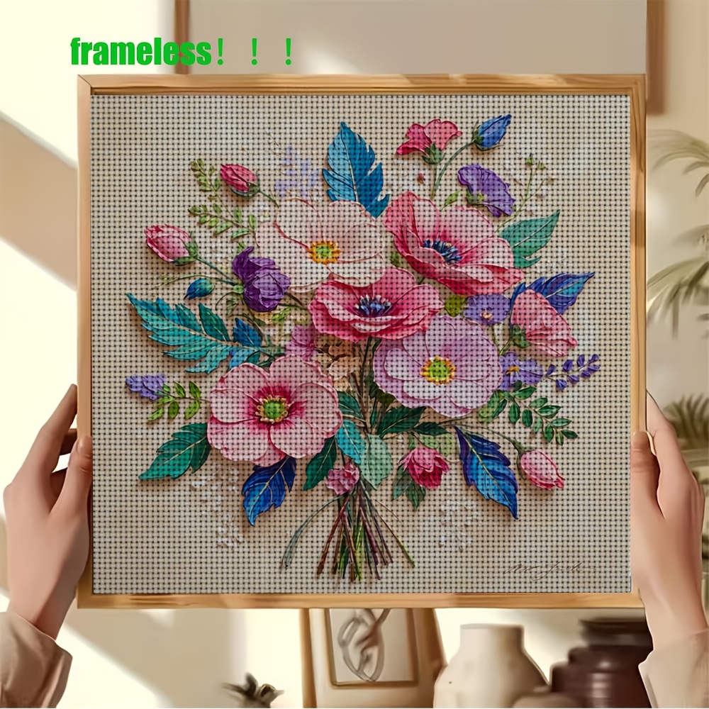 Frameless Stitch Printing Kit with Colorful Bouquet Art Pattern