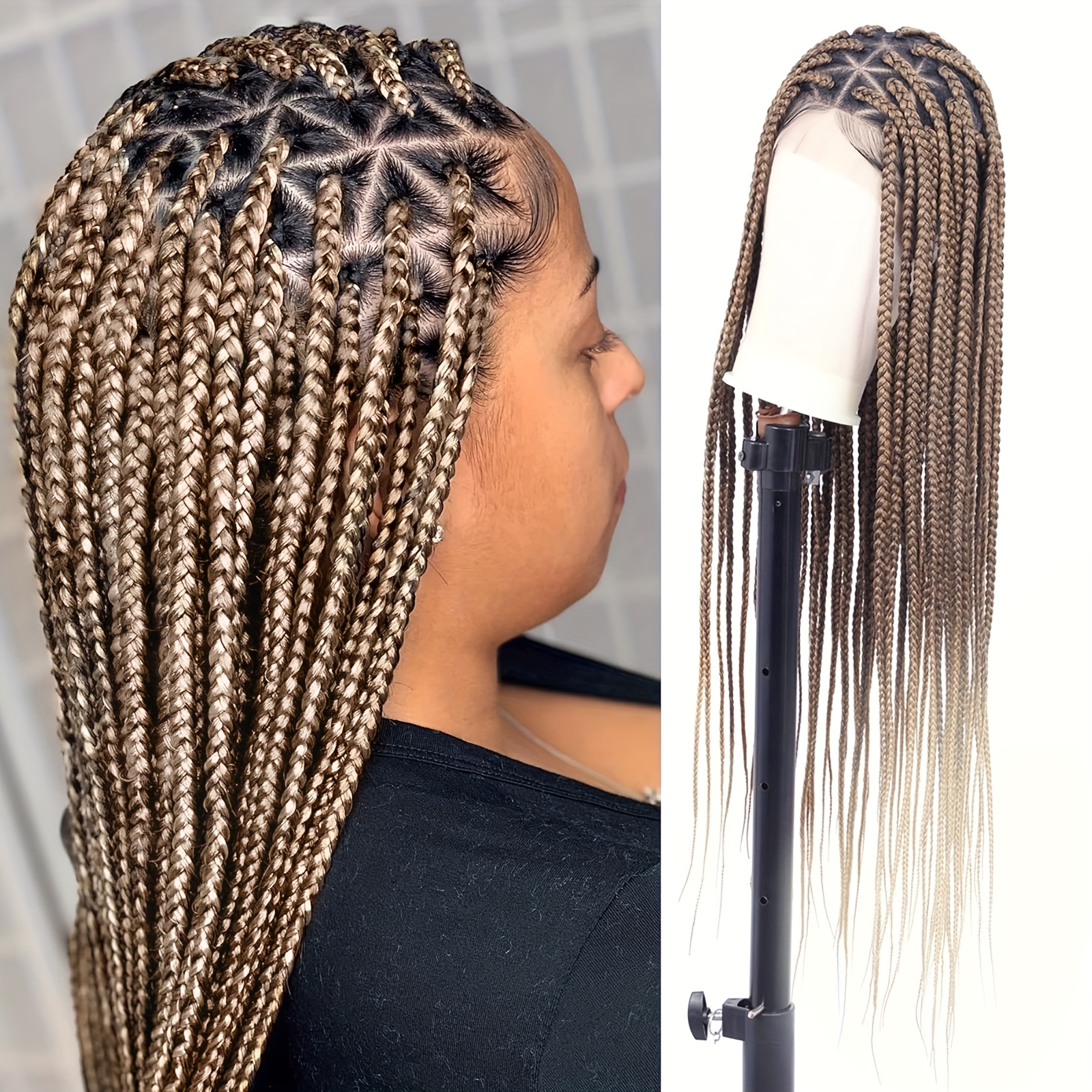 TEMU 36" Long Glueless Box Braid Wig - Full Lace, Knotless Twist, Brown & Blonde, Hd Transparent Synthetic Hair For Women, Straight Braiding Style,