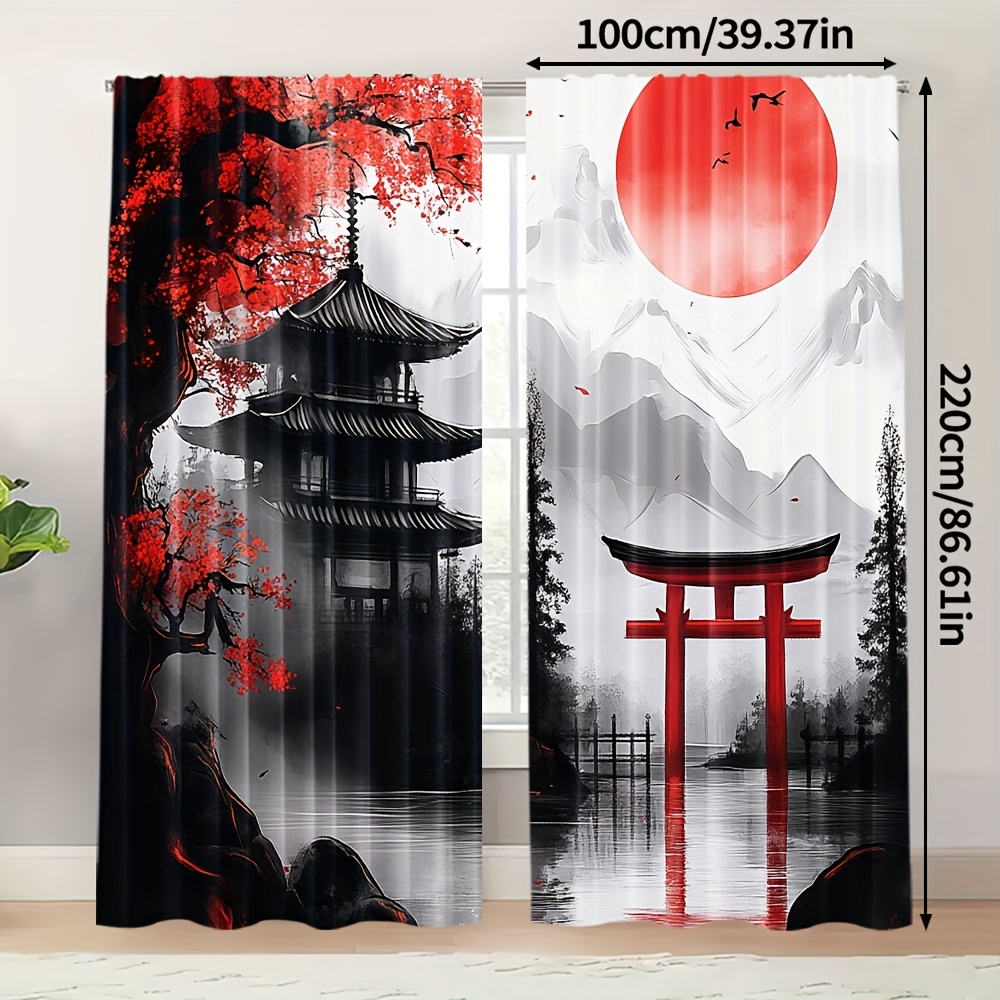 TEMU Ensemble de 2 rideaux, aquarelle noir et rouge floral asiatique chinois montagne soleil fantaisie nature, en polyester, idéal pour la décoration