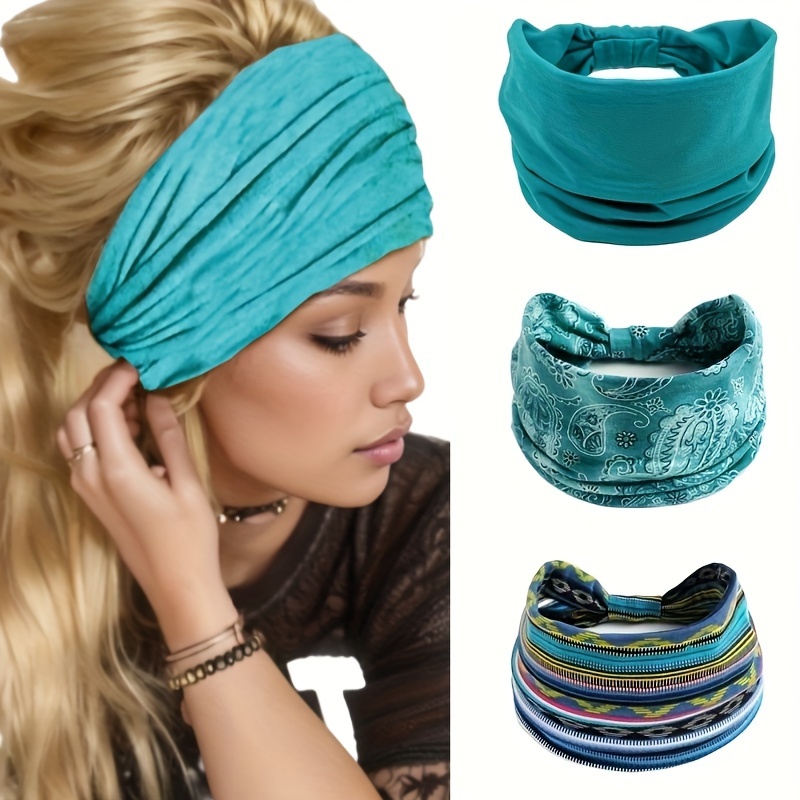 

3pcs Bohemian Style Wide Brimmed Head Bands Elastic Hair Hoops Sweat Absorbent Hair Accessories Suitable For Yoga Gym Sports