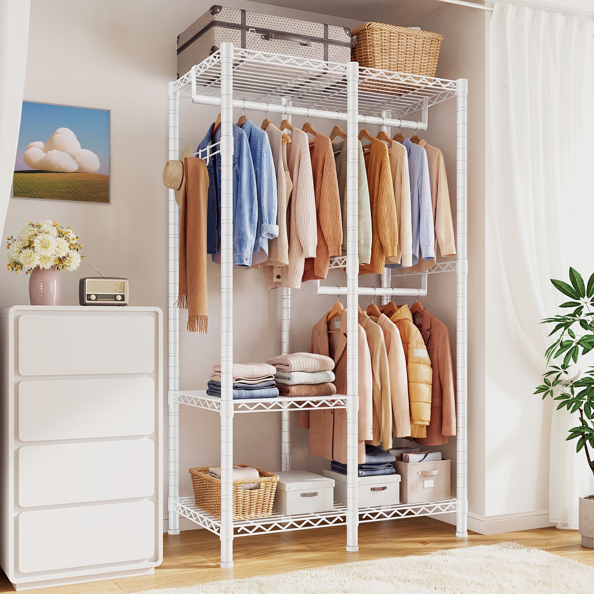 Bamboo Joint Tube Wardrobe Rack Storage Rack, Adjustable Height Storage Rack With Mesh Basket Hook, Large Capacity Household Bedroom Clothes Rack 2 Columns/5 Columns Optional Black And White