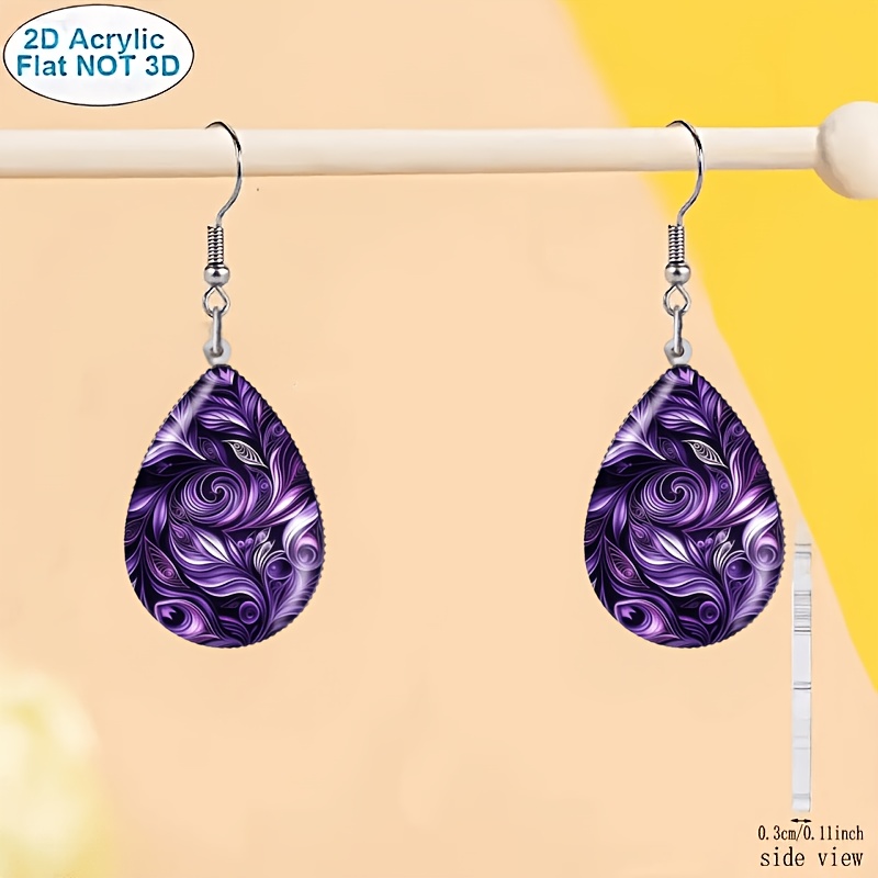 TEMU 2d Flat - 2d 2d Flat, 1pc, Dark Purple Textured Water Drop Shape Versatile Acrylic Pendant Earrings With Floral Patterns, Perfect Gift For Pet