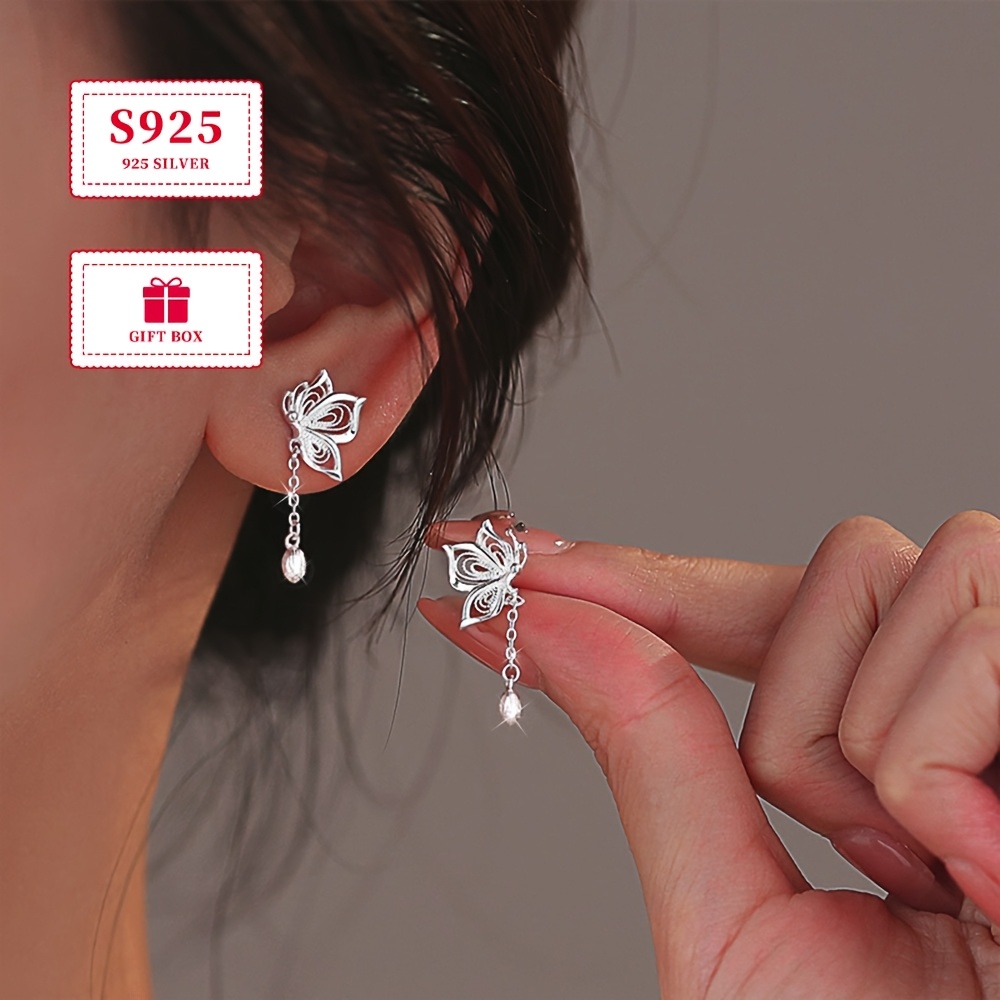 

(2pcs) 925 Sterling Silver Hollow Bud Chain Tassel Earrings, Suitable For Daily Party Matching (about 1.8g)