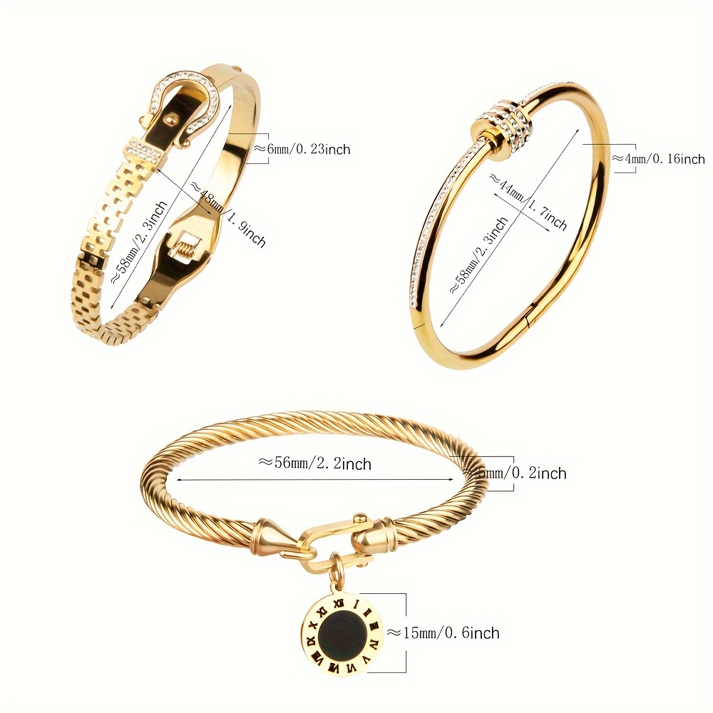 مجموعة من 3 قطع للنساء: سوار سلكي من الفولاذ   للصدأ مطلي بالذهب عيار 18 قيراط مع مشبك حزام وشماعة رومانية وتصميم حجر لامع متعدد المستويات، سوار مجوهرات نسائي للاستخدام في النوادي الليلية والحفلات التفاصيل 3