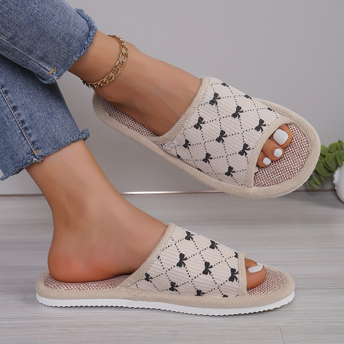 Women'S Summer Slip-on Bowknot Slippers, Breathable Fabric House Shoes, Comfortable All-Season Indoor Slides with EVA Sole, Hand Washable