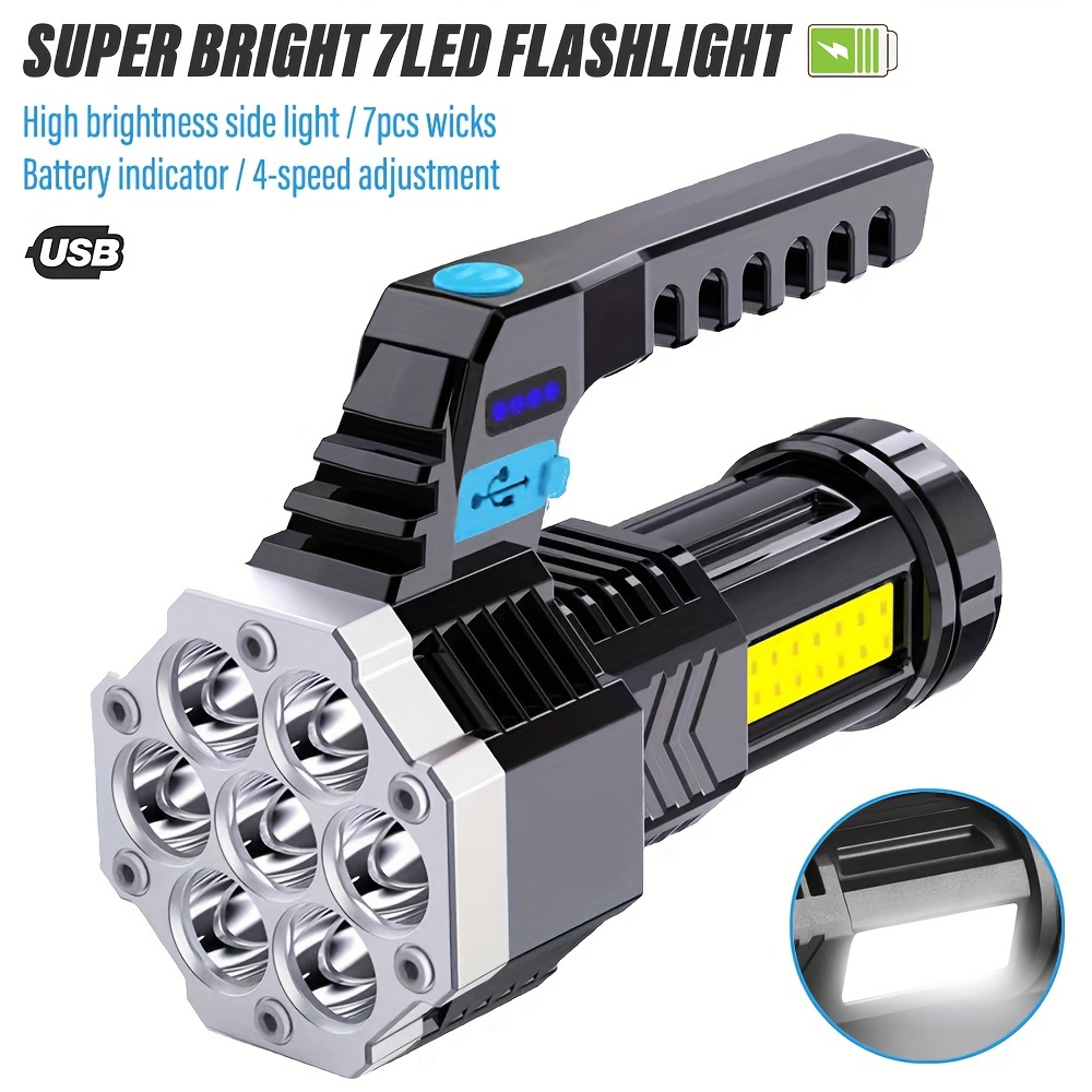 

7led Flashlight, Rechargeable , Portable , Outdoor Camping Light, With High Brightness Cob Side Light, With Power Display, With 4 Lighting , Long- Life, Suitable For Adventure, Outdoor, Camping, Etc.