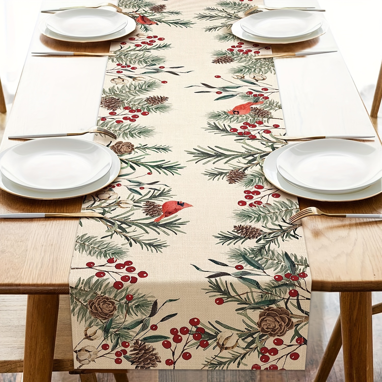 

1pc, Table Runner, Winter Theme Pine Needle Branches Printed Table Runner, Pine Cone Red Birds Berry Farmhouse Kitchen Dining Table Decor, Christmas Holiday Home Decoration