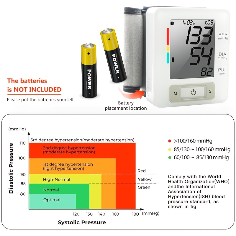   wrist   with large lcd display portable wrist   adjustable cuff   detection and irregular heartbeat alert blood pressure measurement battery operated batteries not included Product details 5