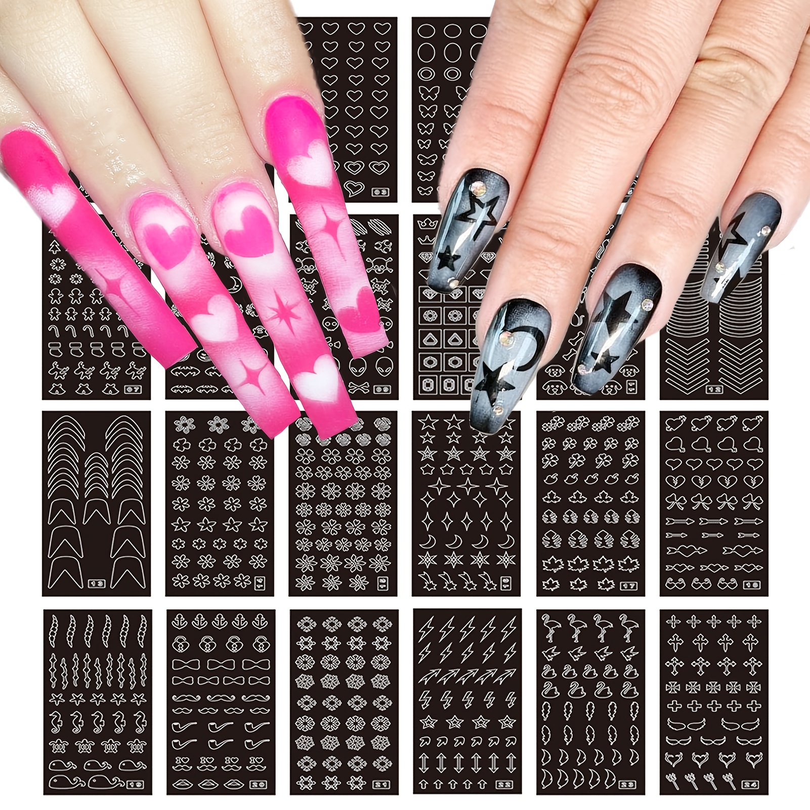 

24 Sheets Airbrush Stencils Nail Stickers For Nail Art, French Nail Decals Printing Template Stencil Tool Heart French Design Hollow (154 Designs)