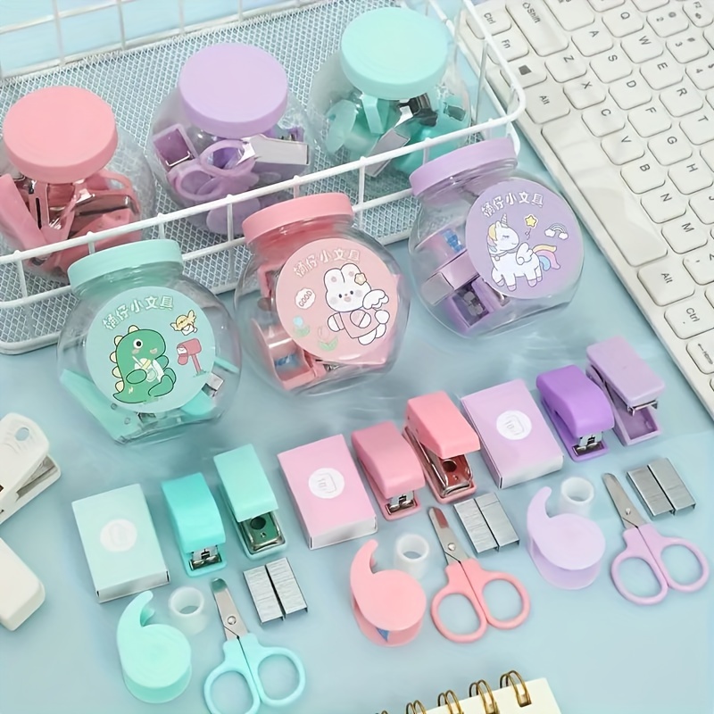 

1 Set Kawaii , 1pc Stapler, 1pc Hole Punch, 1pc Scissors, 1pc Tape Dispenser, Assorted Colors, Multipurpose Office & School Supplies, Plastic Material, Plain