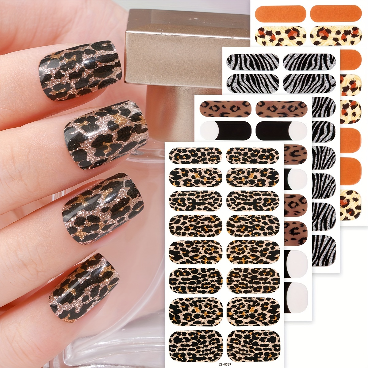 

64pcs Nail Polish Strips, Winter Leopard Nail Animal Print Glitter Self-adhesive Nail Full Wraps Gel Nail Stickers For Women Home Diy Nail Art Supplies