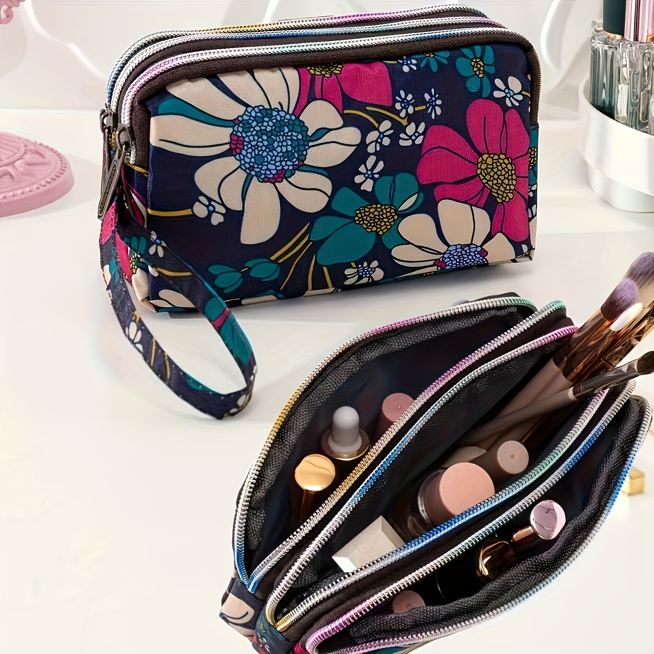 

Floral Print Wristlet Cosmetic Bag For Women, Large Capacity Clutch Pouch, Polyester, With -free, For Ideal Day Gift